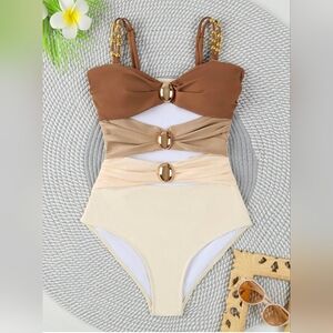 Brown and Cream One Piece Swimsuit